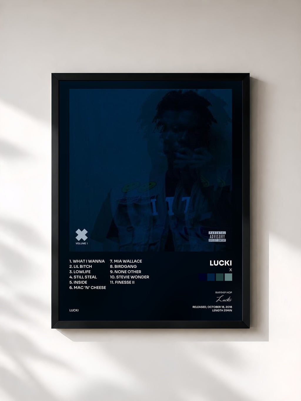 #noir Tableau de l'album X de Lucki, cadre noir, imprimé et encadré en France