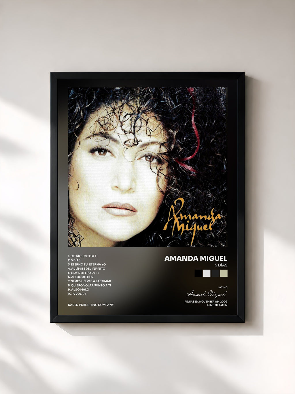 #noir Tableau de l'album 5 Días de Amanda Miguel, cadre noir, imprimé et encadré en France