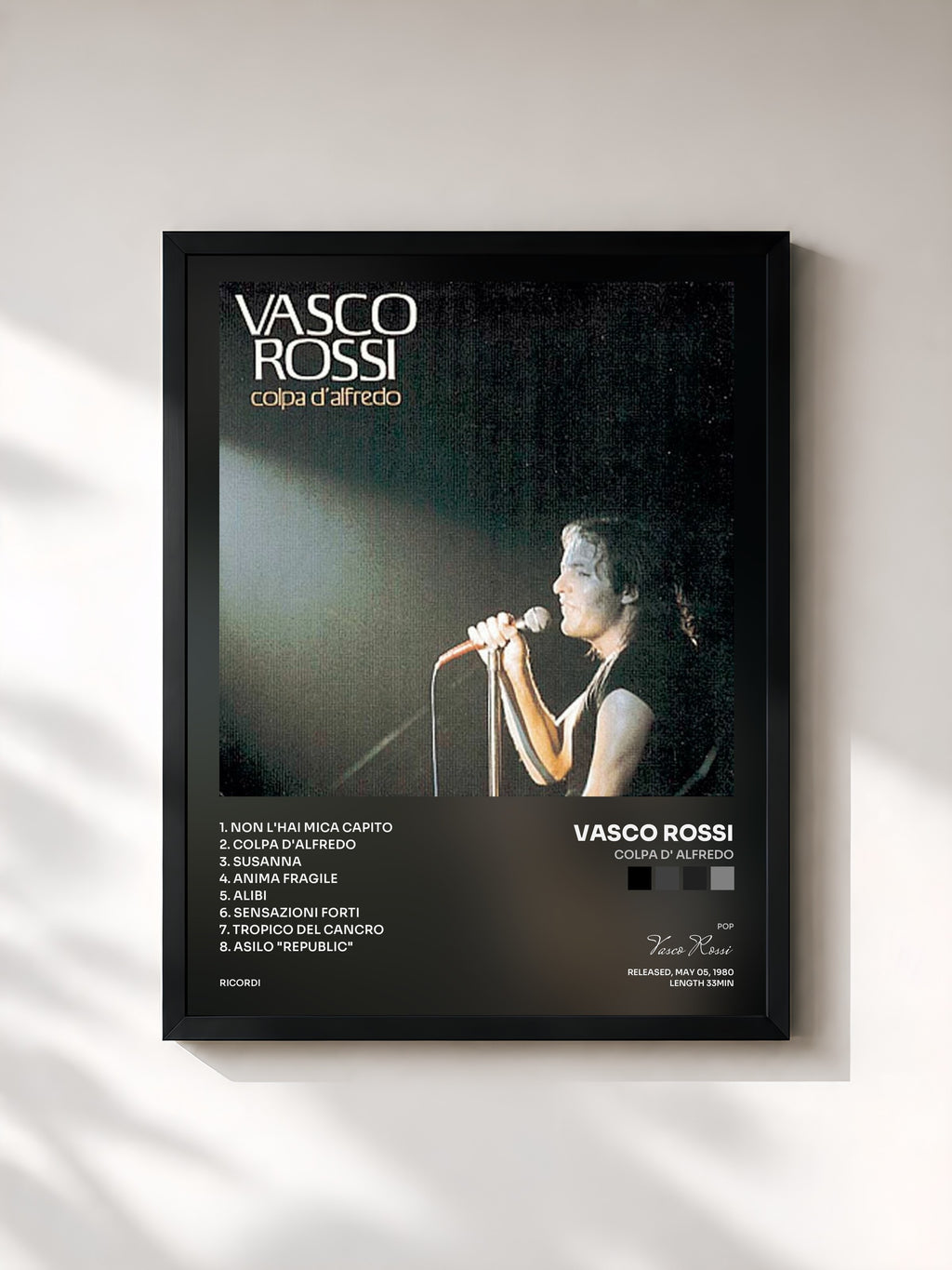 #noir Tableau de l'album Colpa D' Alfredo de Vasco Rossi, cadre noir, imprimé et encadré en France