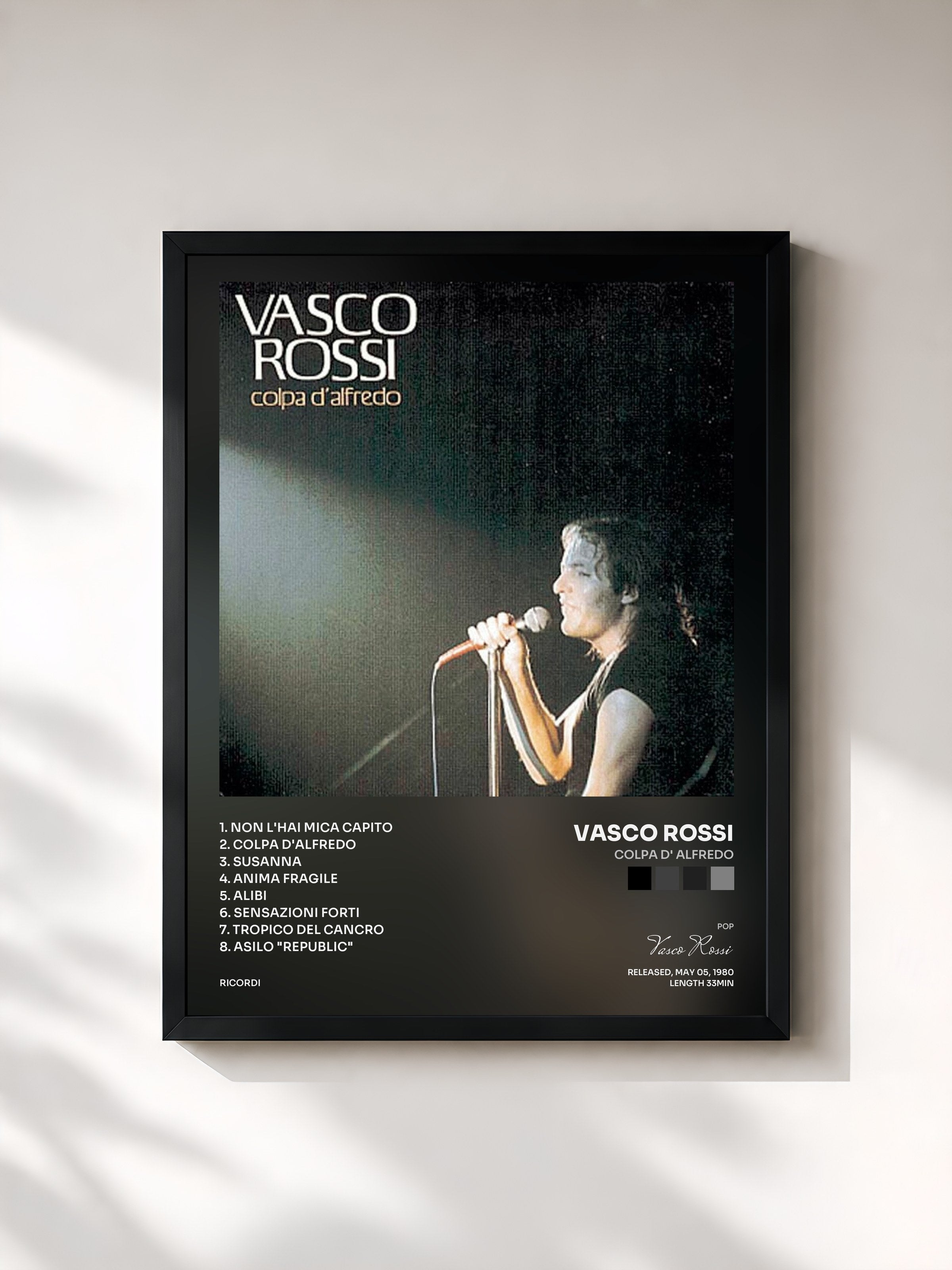 #noir Tableau de l'album Colpa D' Alfredo de Vasco Rossi, cadre noir, imprimé et encadré en France