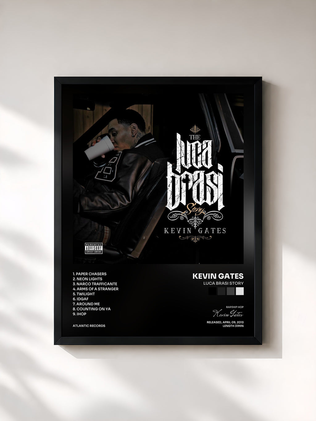 #noir Tableau de l'album Luca Brasi Story de Kevin Gates, cadre noir, imprimé et encadré en France