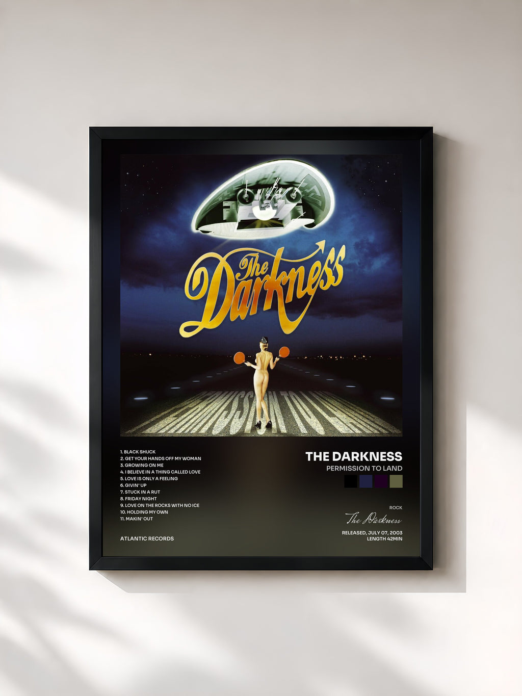 #noir Tableau de l'album Permission to Land de The Darkness, cadre noir, imprimé et encadré en France