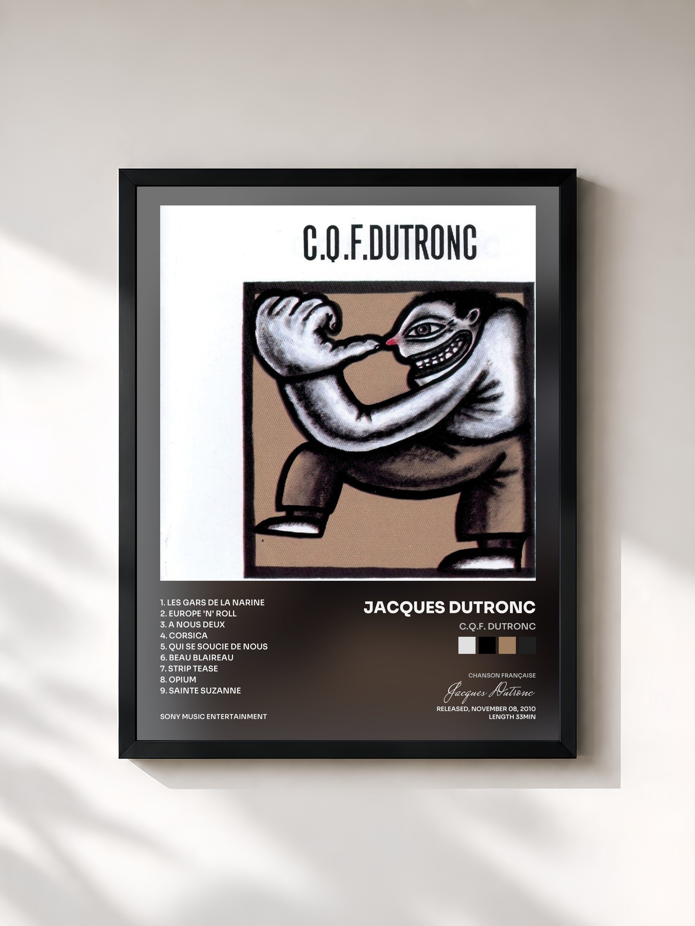 #noir Tableau de l'album C.Q.F. Dutronc de Jacques Dutronc, cadre noir, imprimé et encadré en France