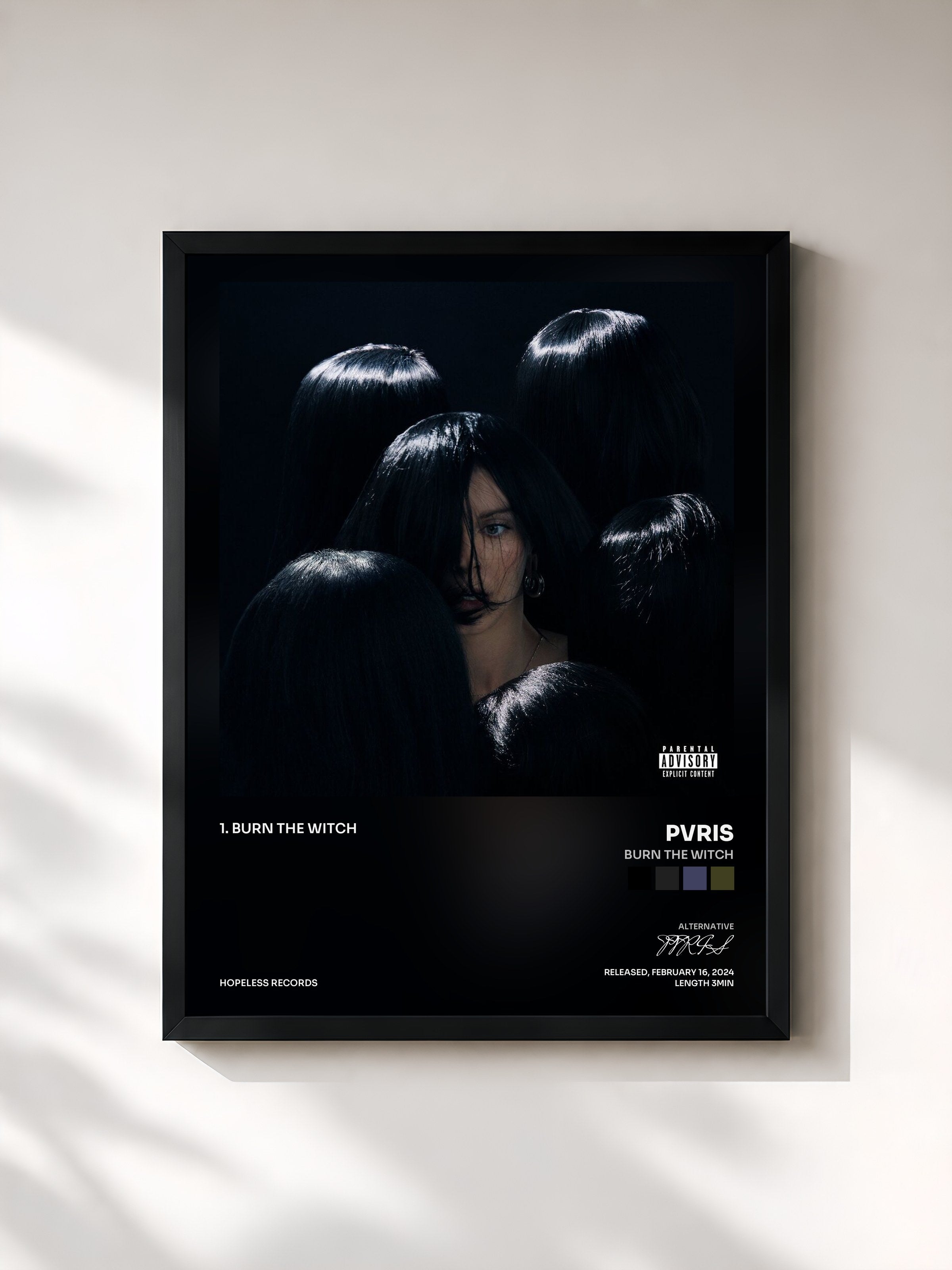 #noir Tableau de l'album BURN THE WITCH de PVRIS, cadre noir, imprimé et encadré en France