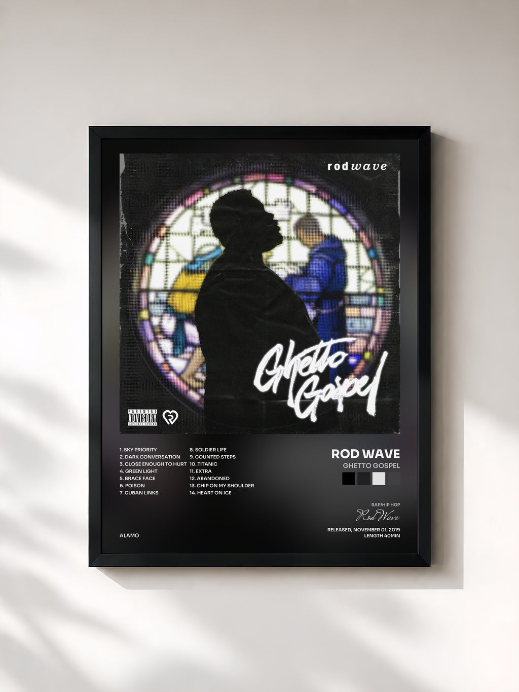#noir Tableau de l'album Ghetto Gospel de Rod Wave, cadre noir, imprimé et encadré en France