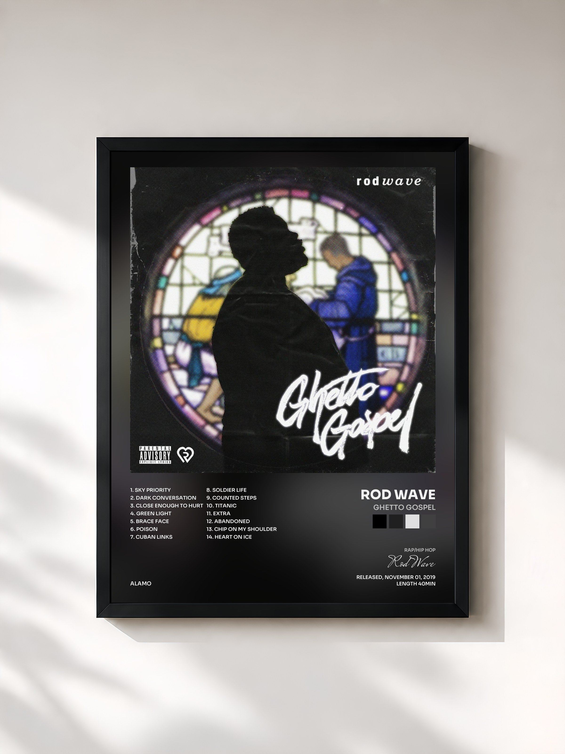 #noir Tableau de l'album Ghetto Gospel de Rod Wave, cadre noir, imprimé et encadré en France