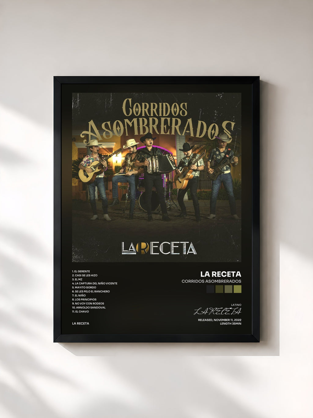 #noir Tableau de l'album Corridos Asombrerados de LA RECETA, cadre noir, imprimé et encadré en France