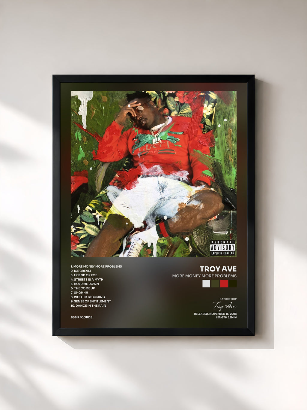 #noir Tableau de l'album More Money More Problems de Troy Ave, cadre noir, imprimé et encadré en France