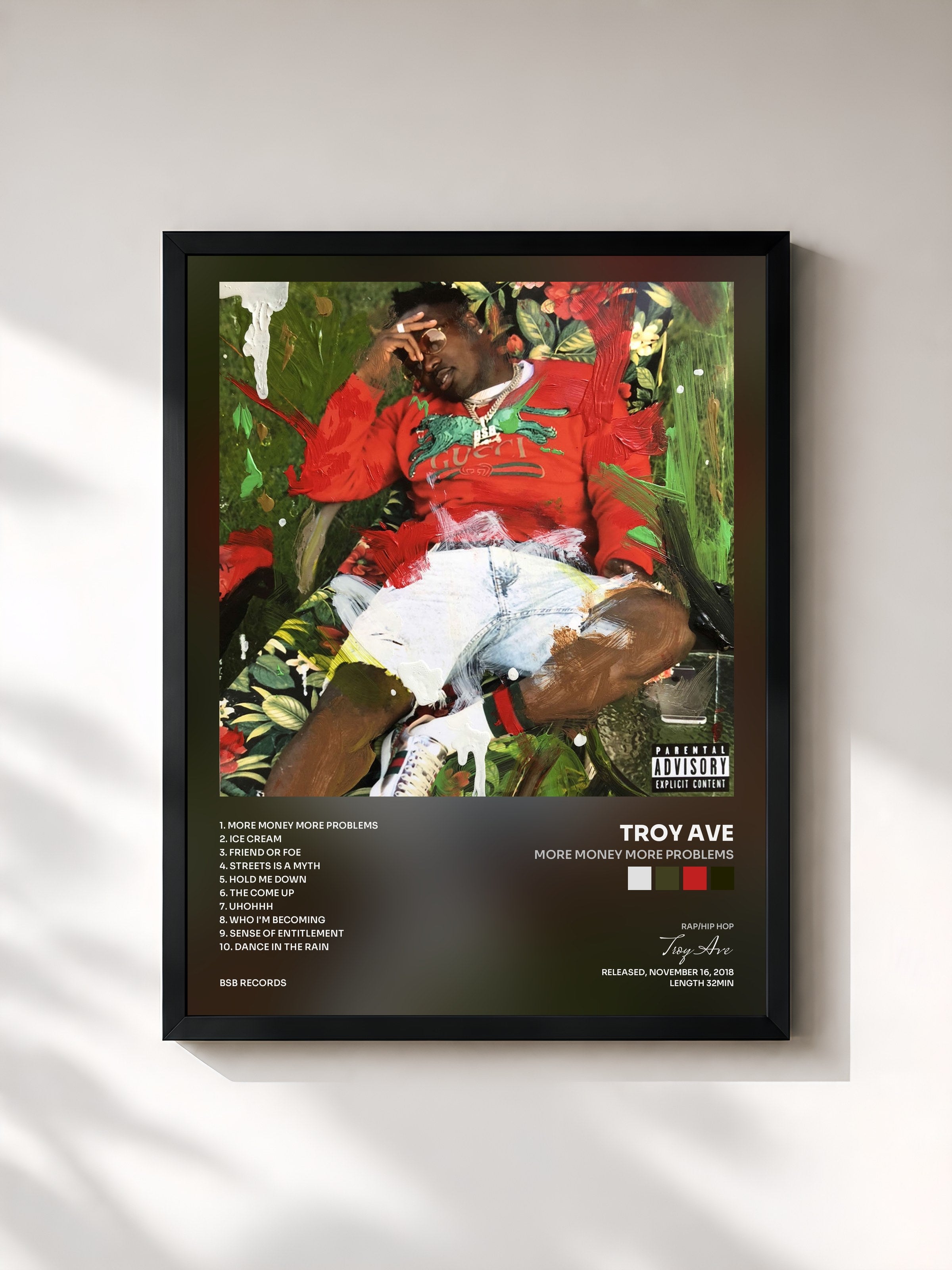 #noir Tableau de l'album More Money More Problems de Troy Ave, cadre noir, imprimé et encadré en France