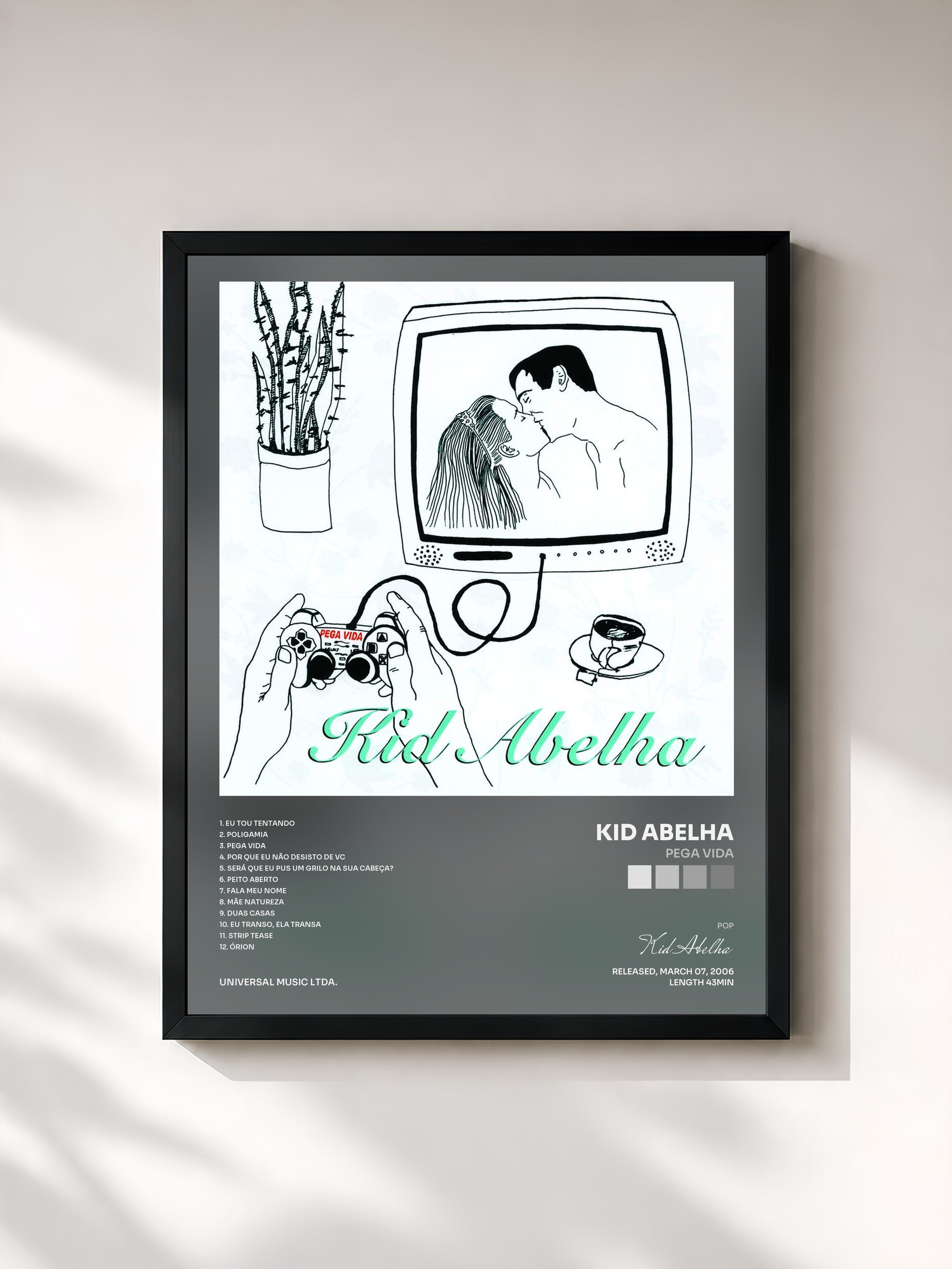 #noir Tableau de l'album Pega Vida de Kid Abelha, cadre noir, imprimé et encadré en France