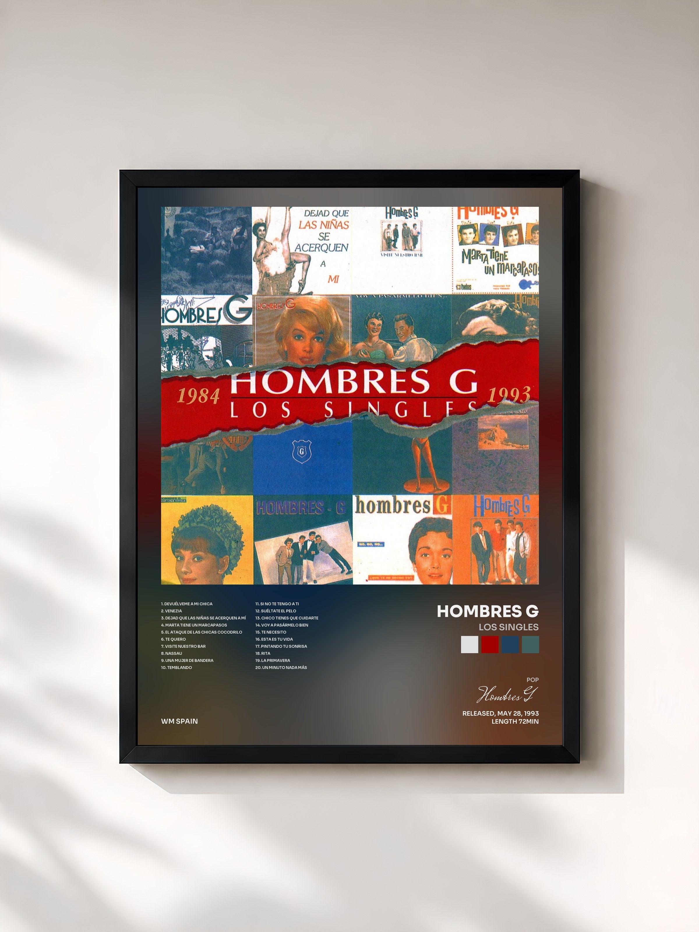 #noir Tableau de l'album Los Singles de Hombres G, cadre noir, imprimé et encadré en France