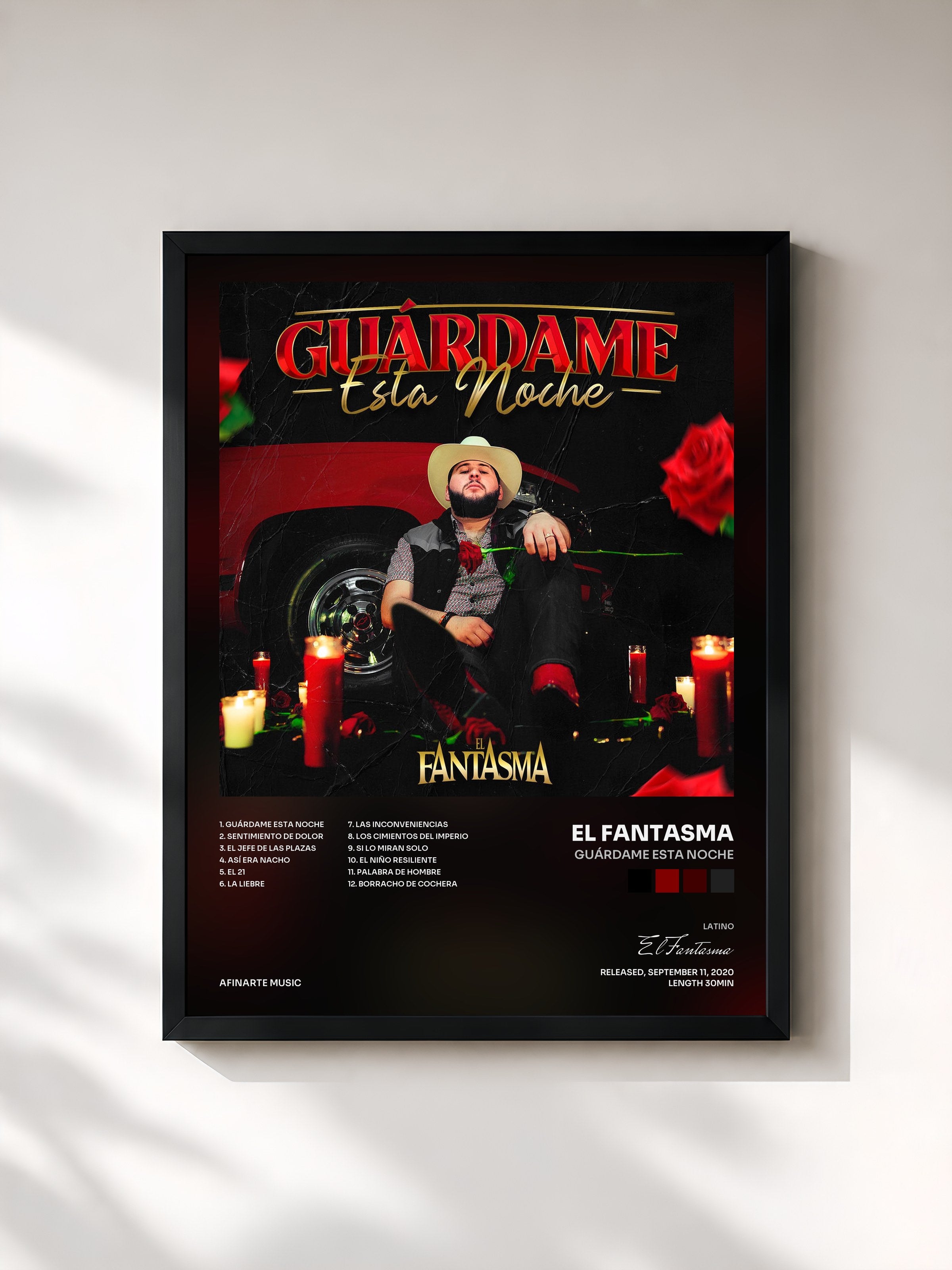 #noir Tableau de l'album Guárdame Esta Noche de El Fantasma, cadre noir, imprimé et encadré en France