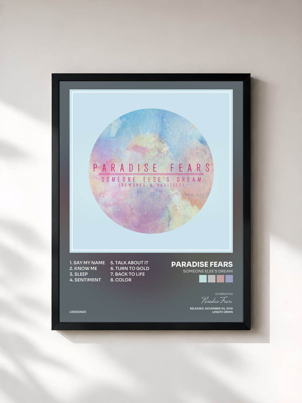 #noir Tableau de l'album Someone Else's Dream de Paradise Fears, cadre noir, imprimé et encadré en France