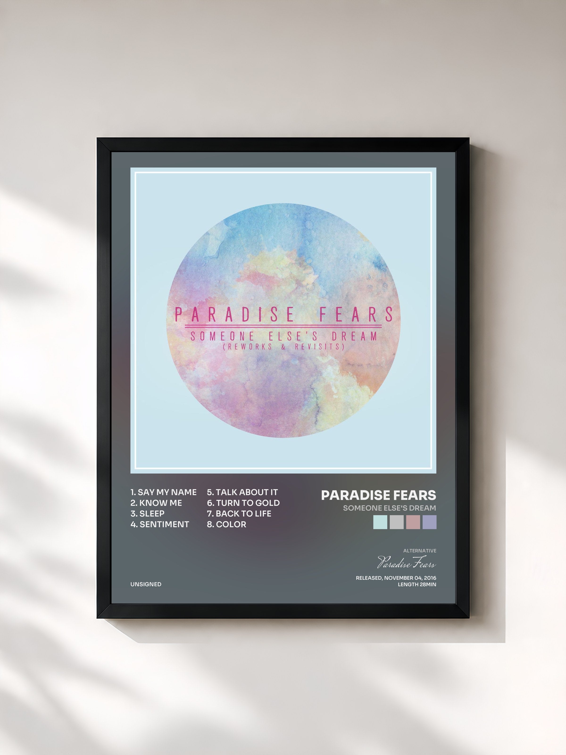 #noir Tableau de l'album Someone Else's Dream de Paradise Fears, cadre noir, imprimé et encadré en France