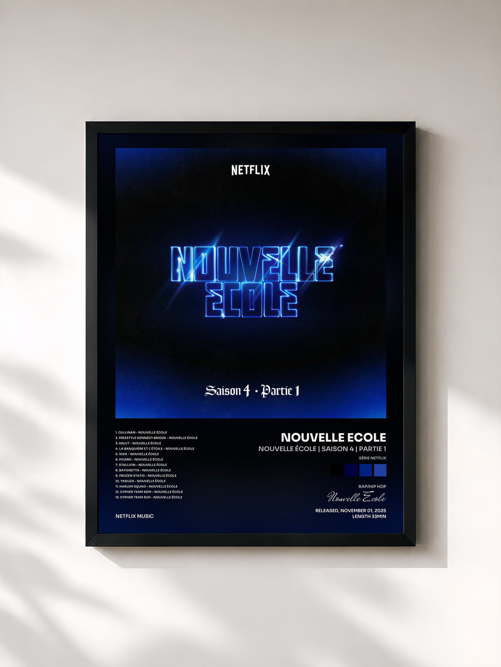 #noir Tableau de l'album Nouvelle École | Saison 4 | Partie 1 (Série Netflix) de Nouvelle Ecole, cadre noir, imprimé et encadré en France
