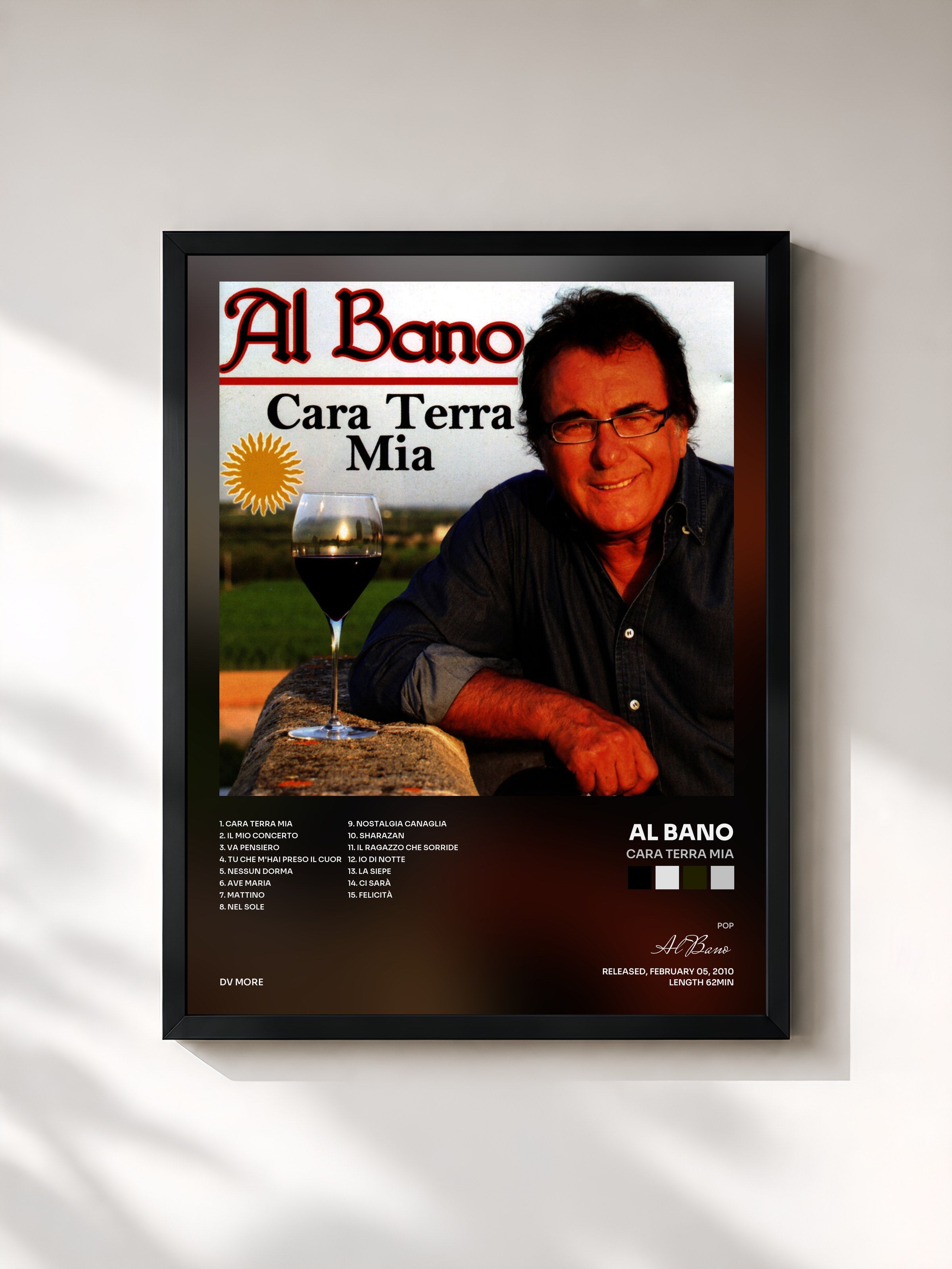#noir Tableau de l'album Cara terra mia de Al Bano, cadre noir, imprimé et encadré en France