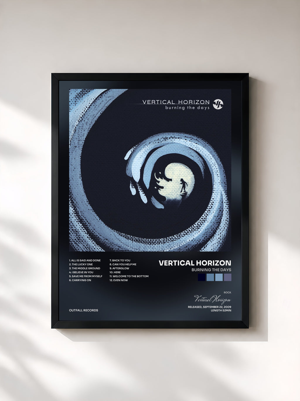 #noir Tableau de l'album Burning the Days de Vertical Horizon, cadre noir, imprimé et encadré en France