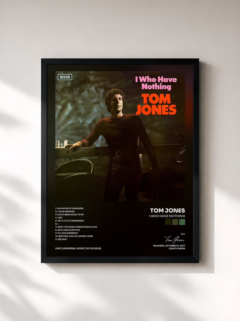 #noir Tableau de l'album I Who Have Nothing de Tom Jones, cadre noir, imprimé et encadré en France
