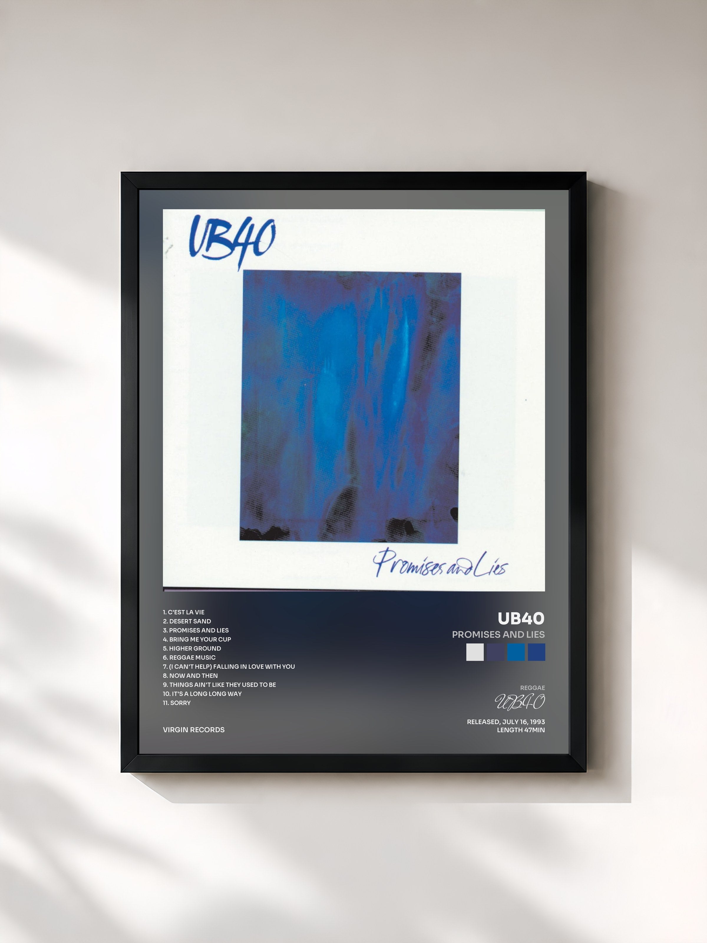 #noir Tableau de l'album Promises And Lies de UB40, cadre noir, imprimé et encadré en France
