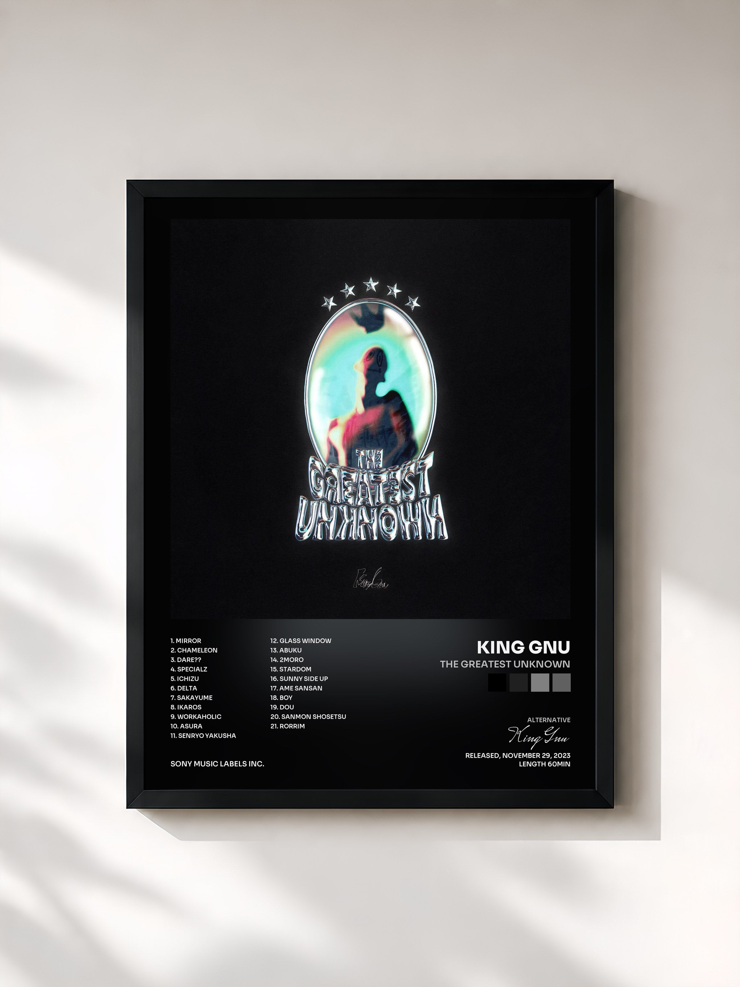 #noir Tableau de l'album THE GREATEST UNKNOWN de King Gnu, cadre noir, imprimé et encadré en France