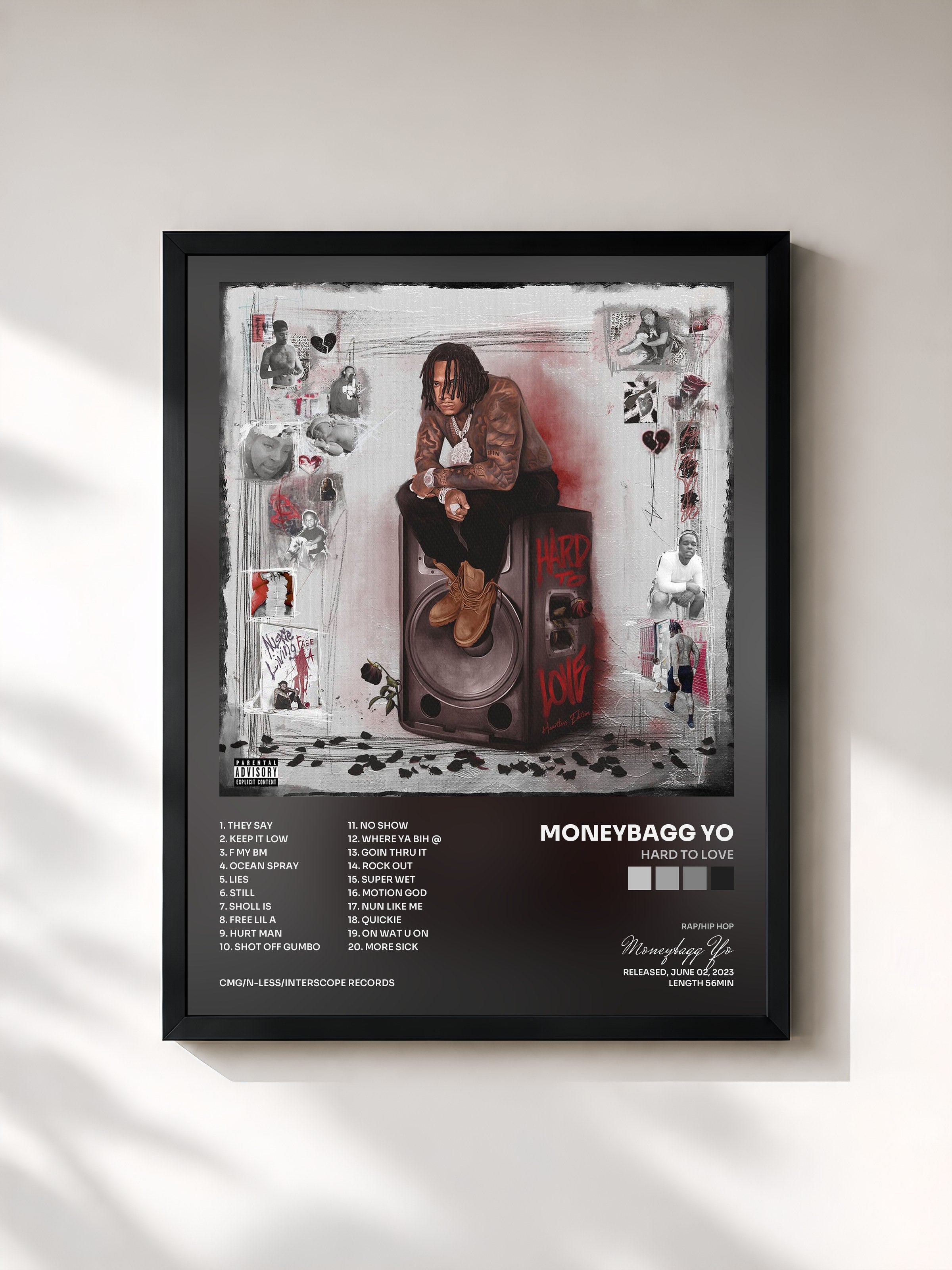 #noir Tableau de l'album Hard To Love de Moneybagg Yo, cadre noir, imprimé et encadré en France