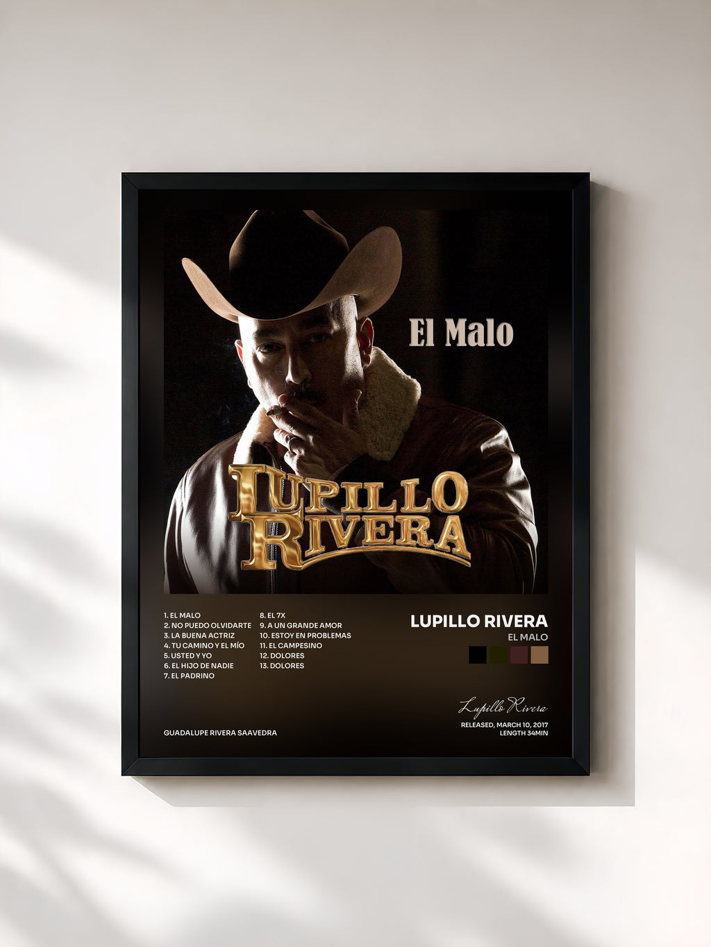 #noir Tableau de l'album El Malo de Lupillo Rivera, cadre noir, imprimé et encadré en France