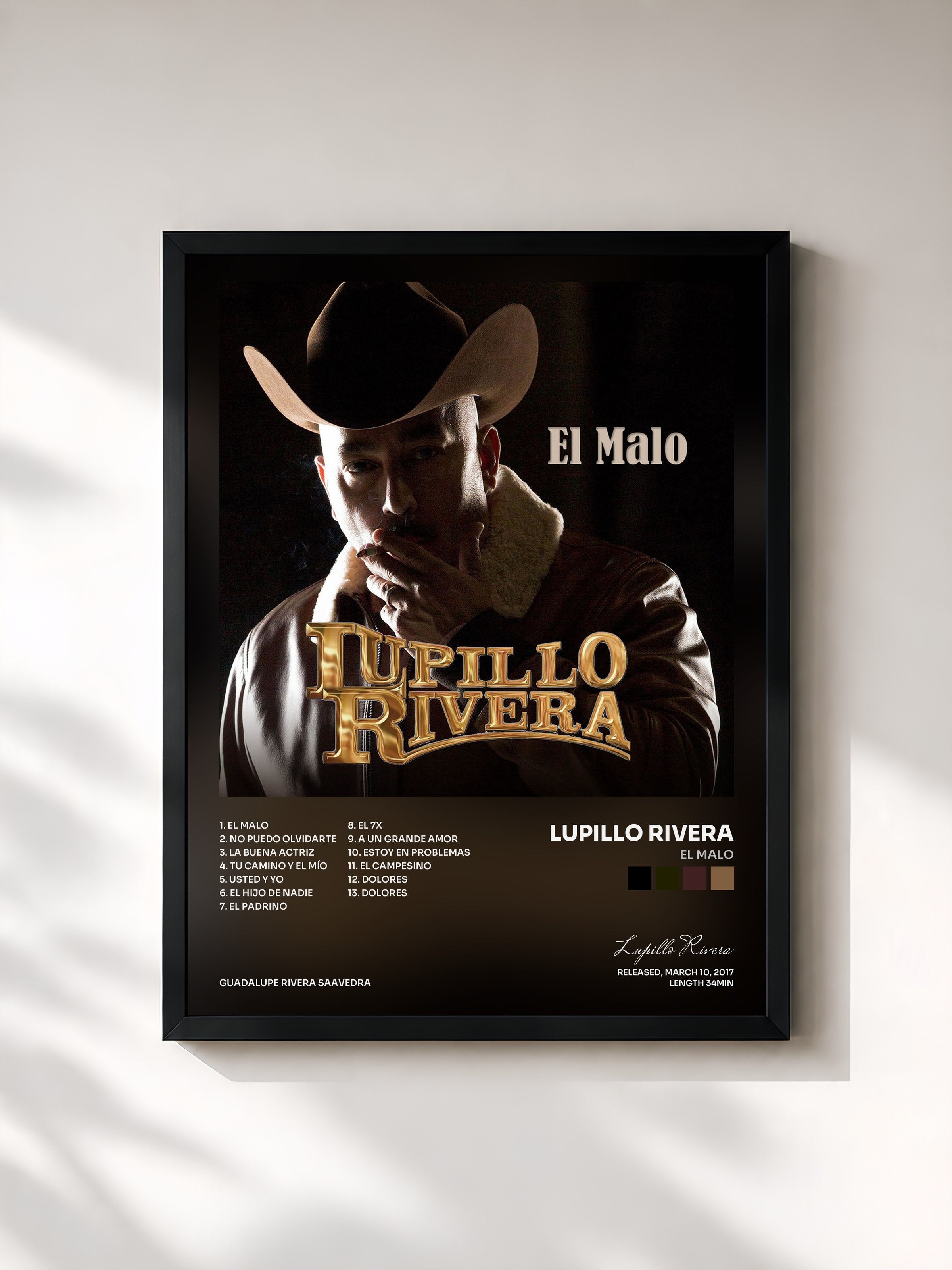 #noir Tableau de l'album El Malo de Lupillo Rivera, cadre noir, imprimé et encadré en France