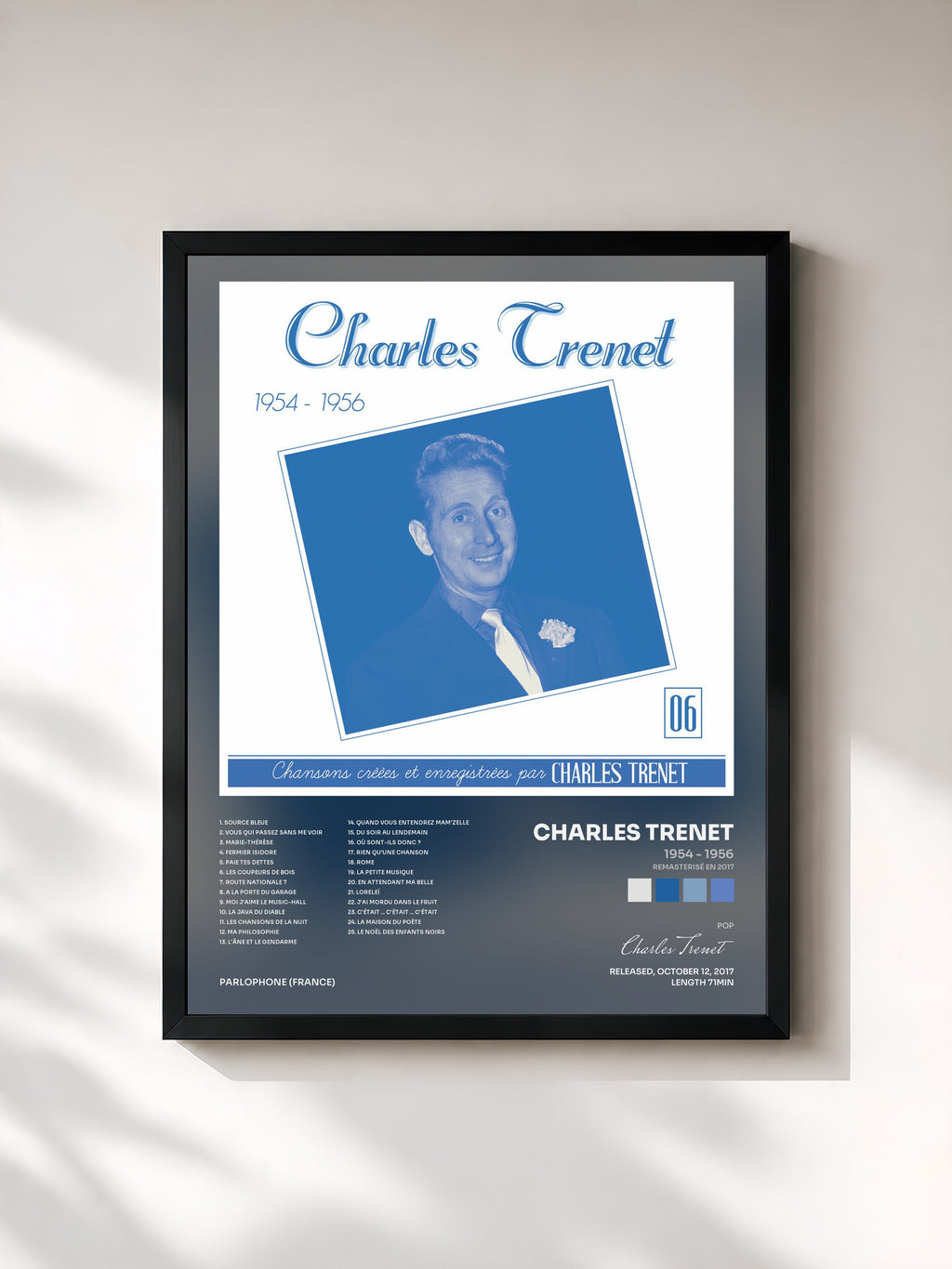 #noir Tableau de l'album 1954 - 1956 (Remasterisé en 2017) de Charles Trenet, cadre noir, imprimé et encadré en France