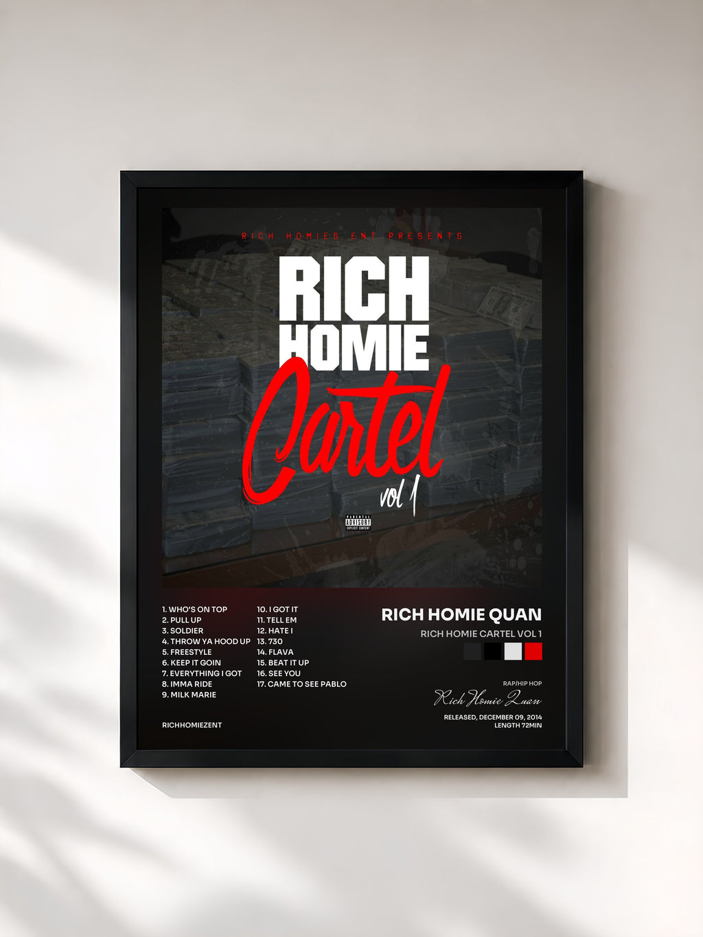 #noir Tableau de l'album Rich Homie Cartel Vol 1 de Rich Homie Quan, cadre noir, imprimé et encadré en France