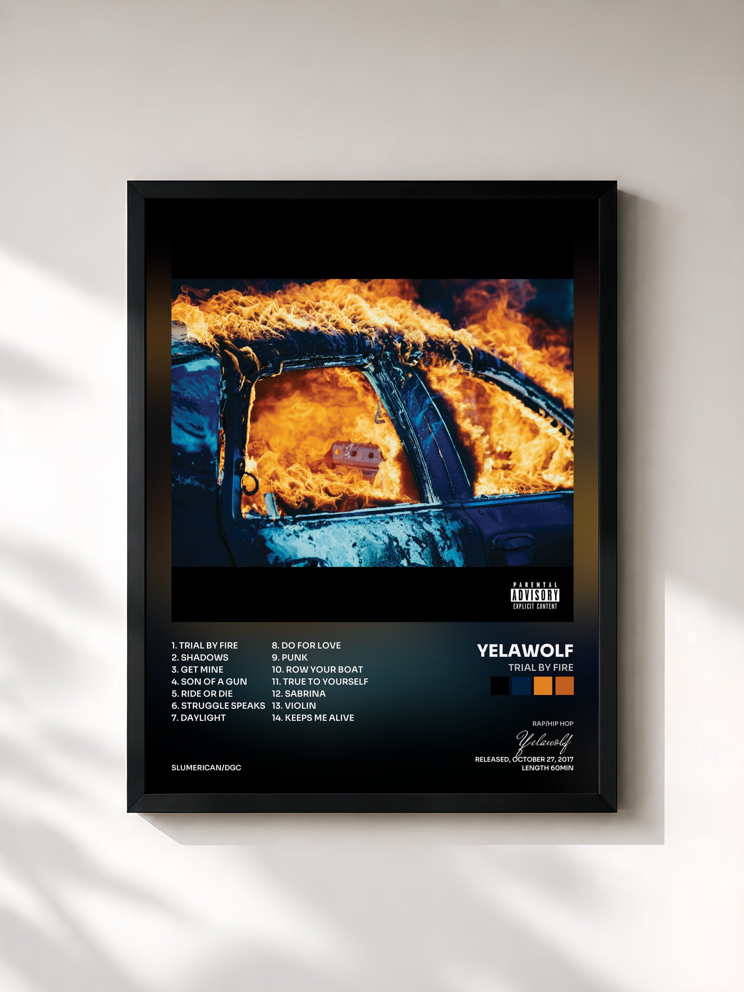 #noir Tableau de l'album Trial By Fire de Yelawolf, cadre noir, imprimé et encadré en France