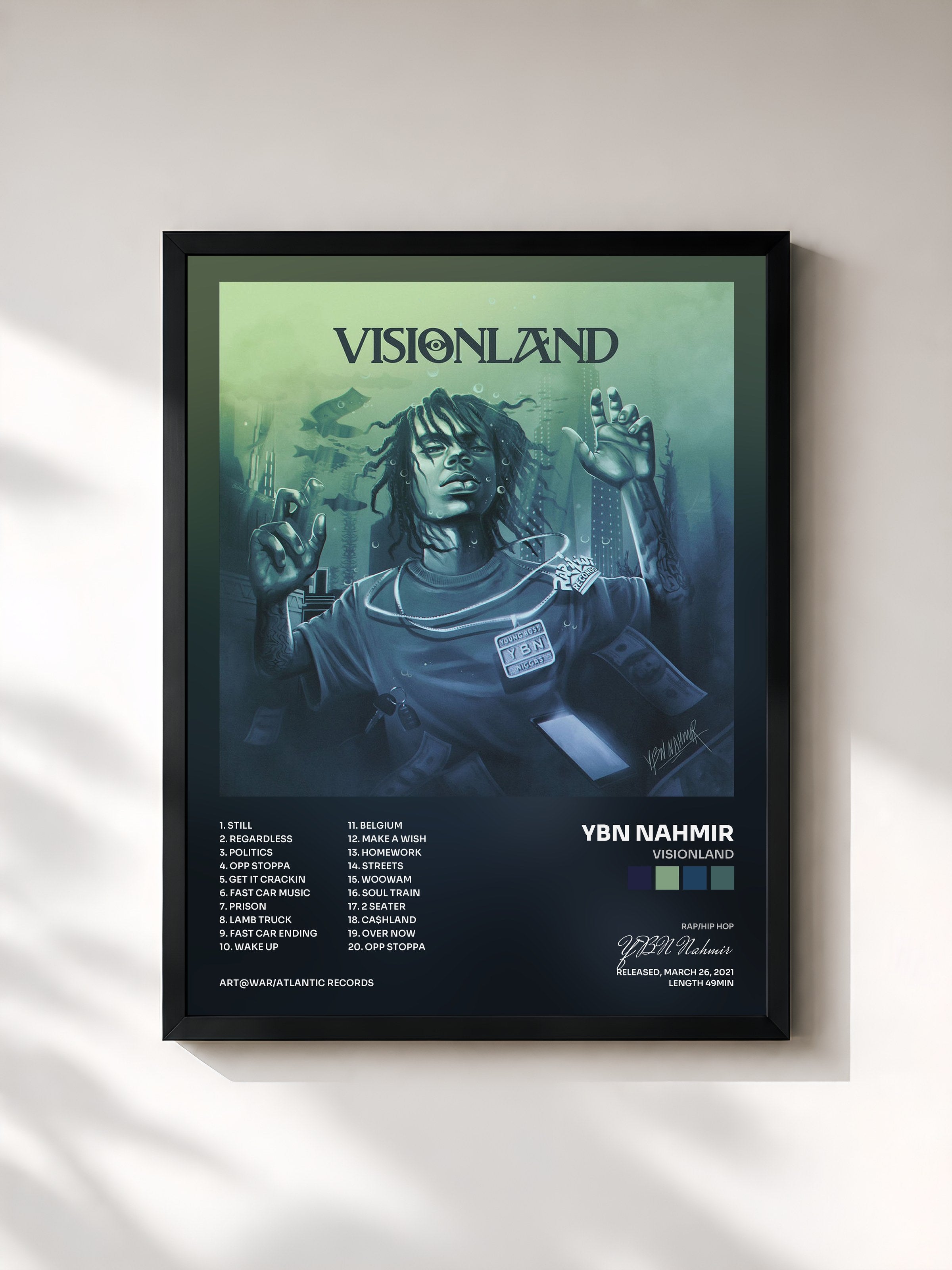#noir Tableau de l'album VISIONLAND de YBN Nahmir, cadre noir, imprimé et encadré en France