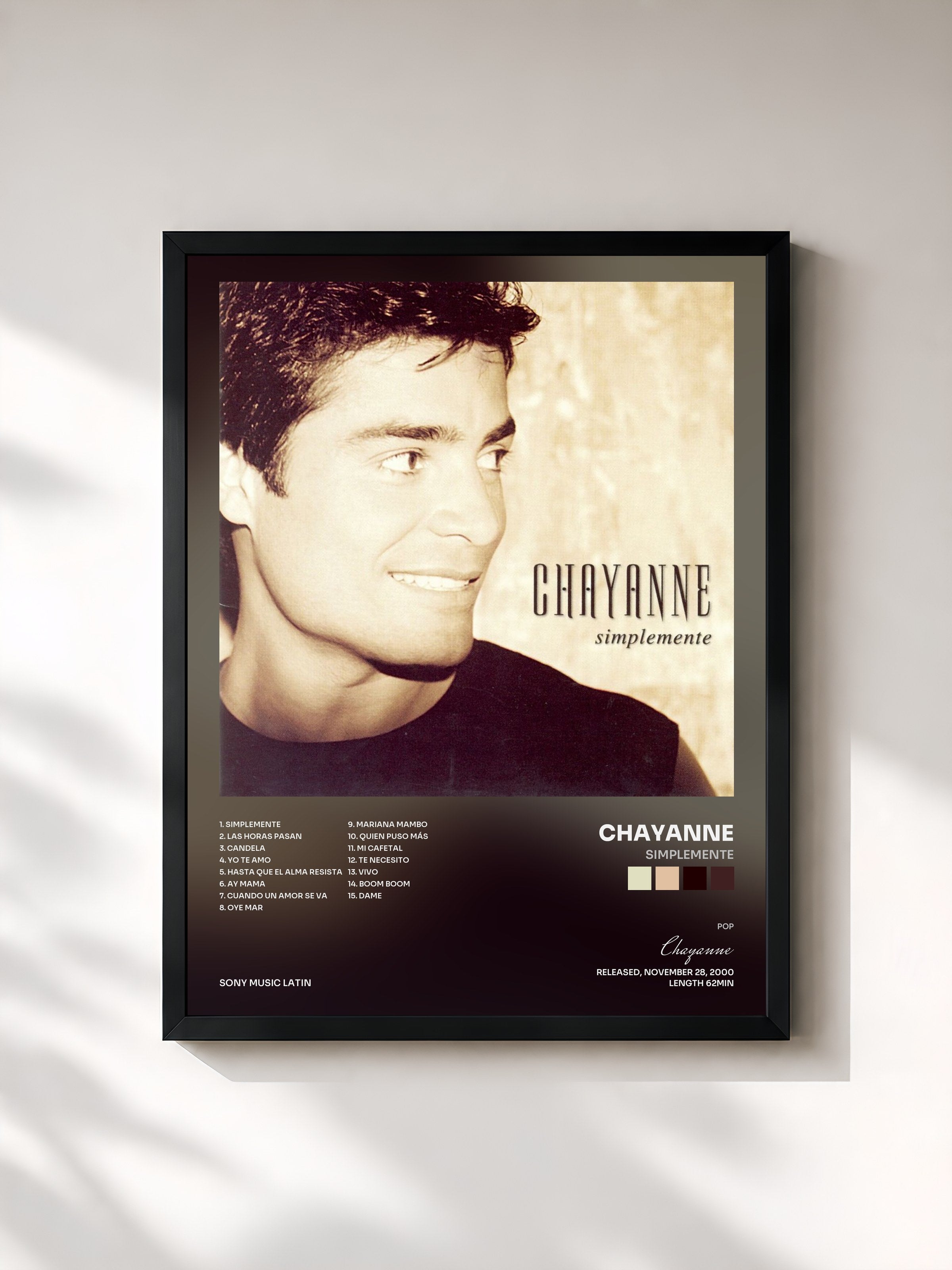 #noir Tableau de l'album Simplemente de Chayanne, cadre noir, imprimé et encadré en France