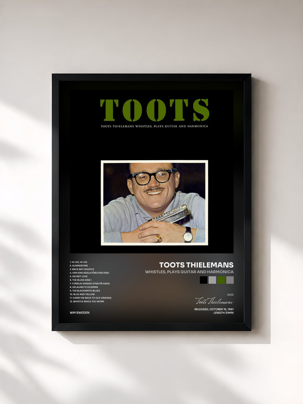 #noir Tableau de l'album Whistles, Plays Guitar And Harmonica de Toots Thielemans, cadre noir, imprimé et encadré en France