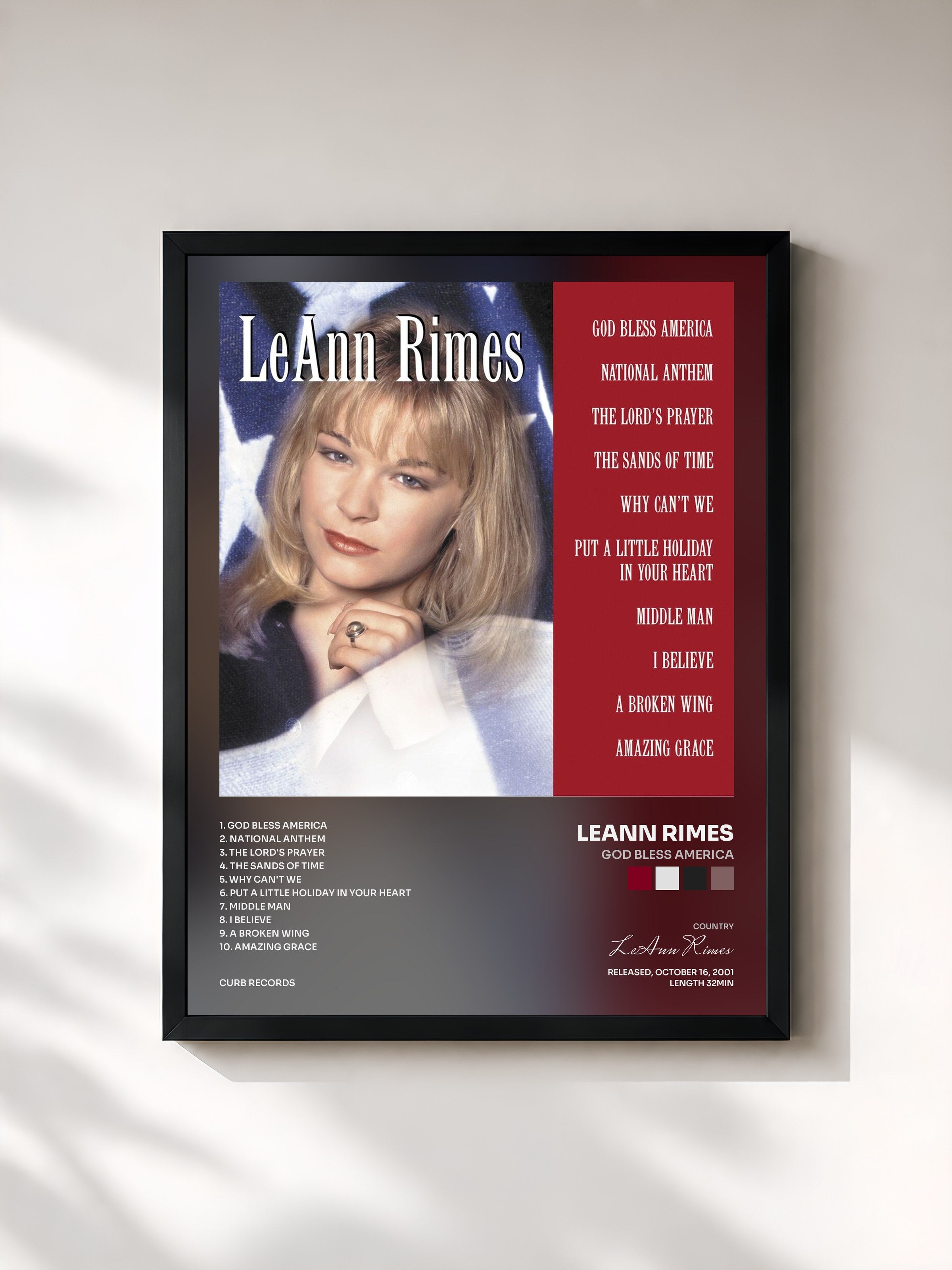 #noir Tableau de l'album God Bless America de LeAnn Rimes, cadre noir, imprimé et encadré en France