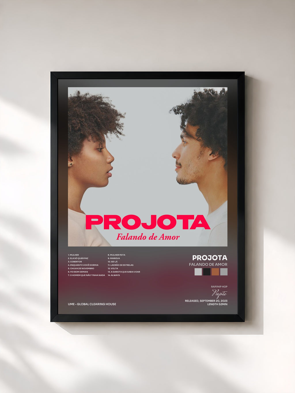 #noir Tableau de l'album Falando de Amor de Projota, cadre noir, imprimé et encadré en France