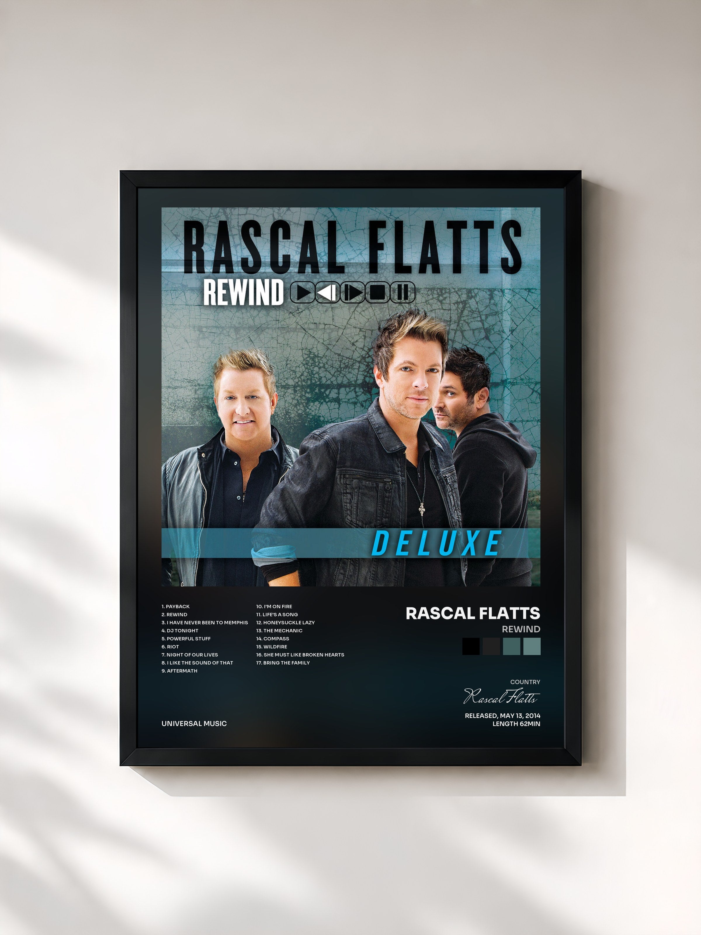 #noir Tableau de l'album Rewind de Rascal Flatts, cadre noir, imprimé et encadré en France