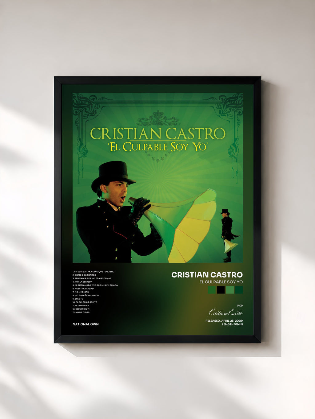 #noir Tableau de l'album El Culpable Soy Yo de Cristian Castro, cadre noir, imprimé et encadré en France