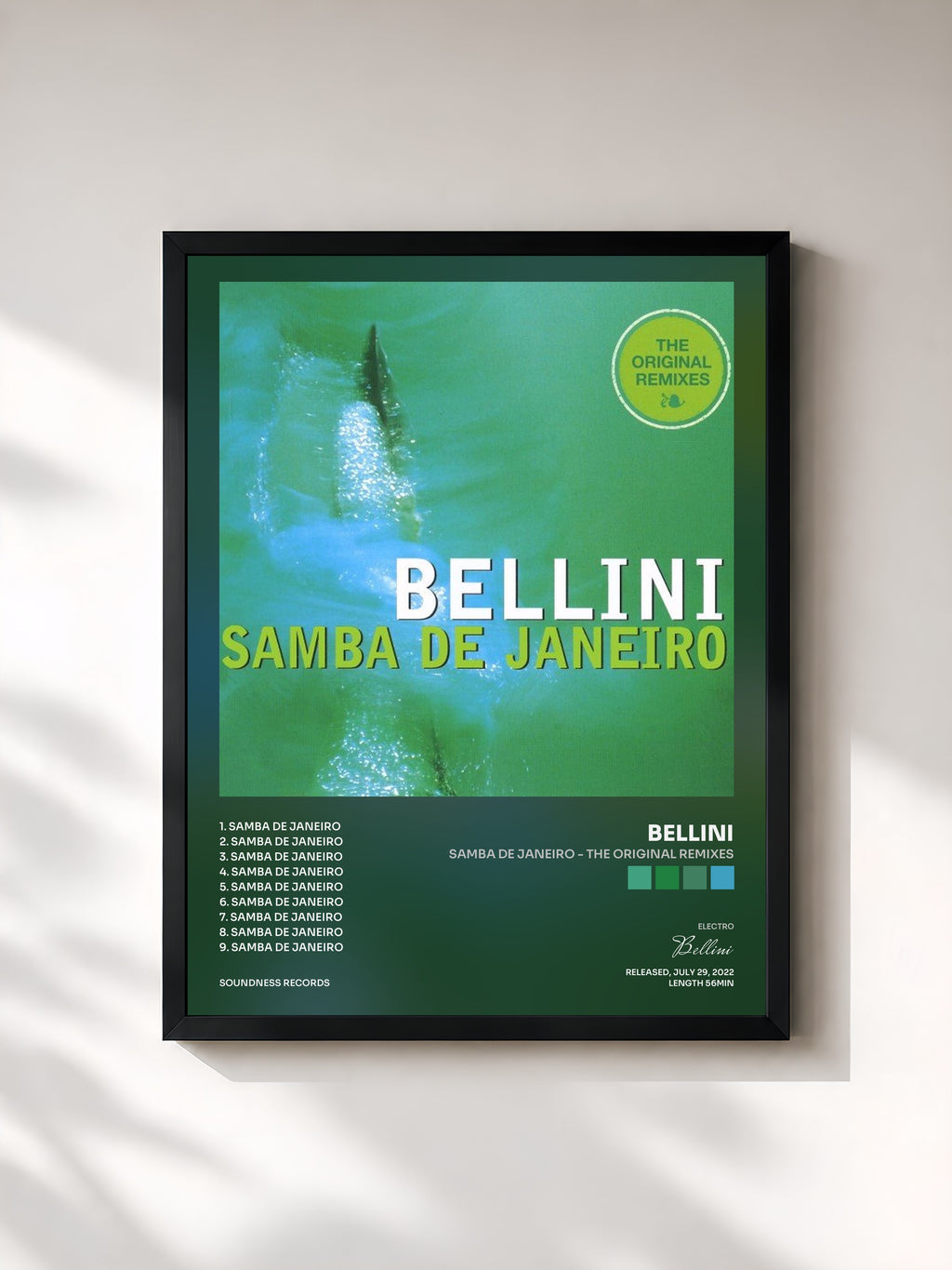 #noir Tableau de l'album Samba de Janeiro - The Original Remixes de Bellini, cadre noir, imprimé et encadré en France