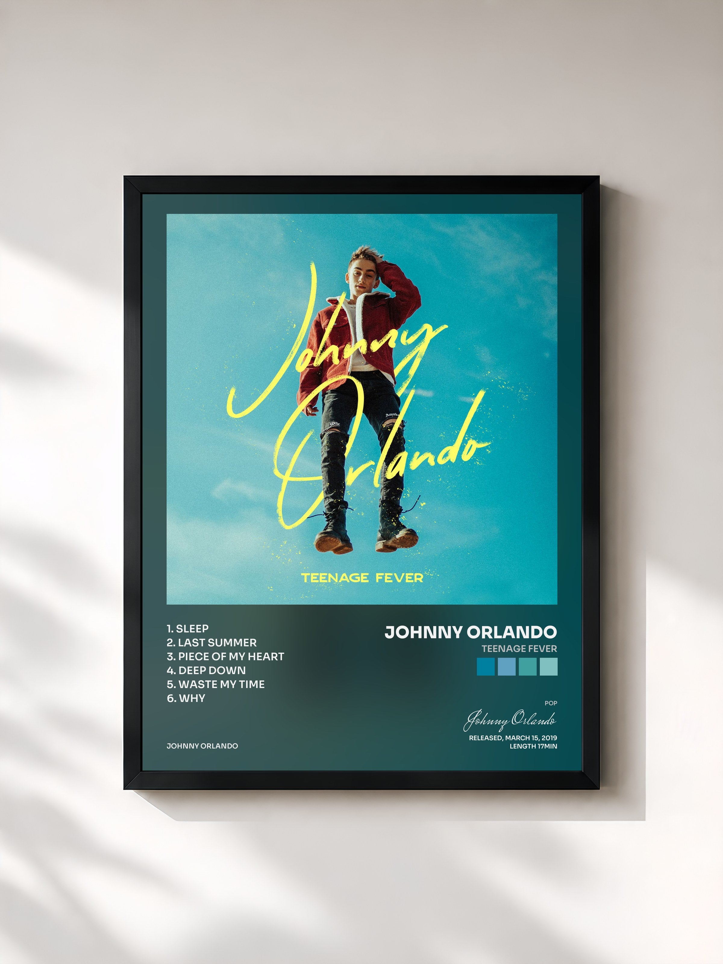 #noir Tableau de l'album Teenage Fever de Johnny Orlando, cadre noir, imprimé et encadré en France
