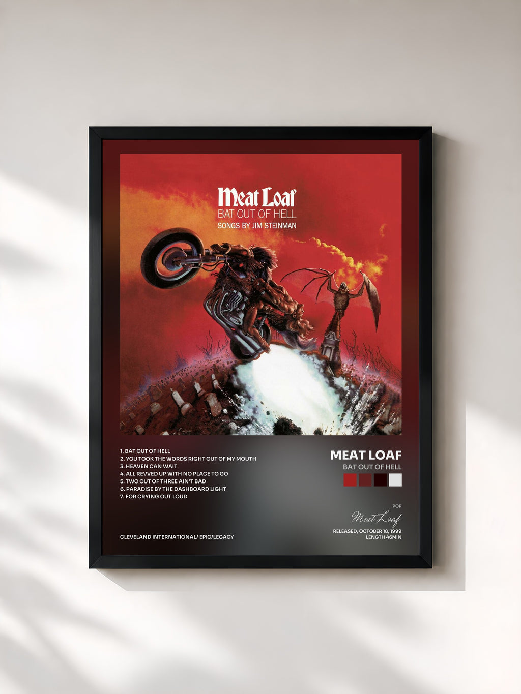 #noir Tableau de l'album Bat Out Of Hell de Meat Loaf, cadre noir, imprimé et encadré en France