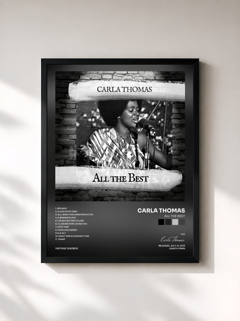 #noir Tableau de l'album All the Best de Carla Thomas, cadre noir, imprimé et encadré en France