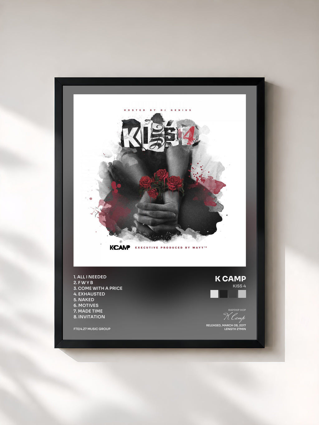 #noir Tableau de l'album Kiss 4 de K Camp, cadre noir, imprimé et encadré en France