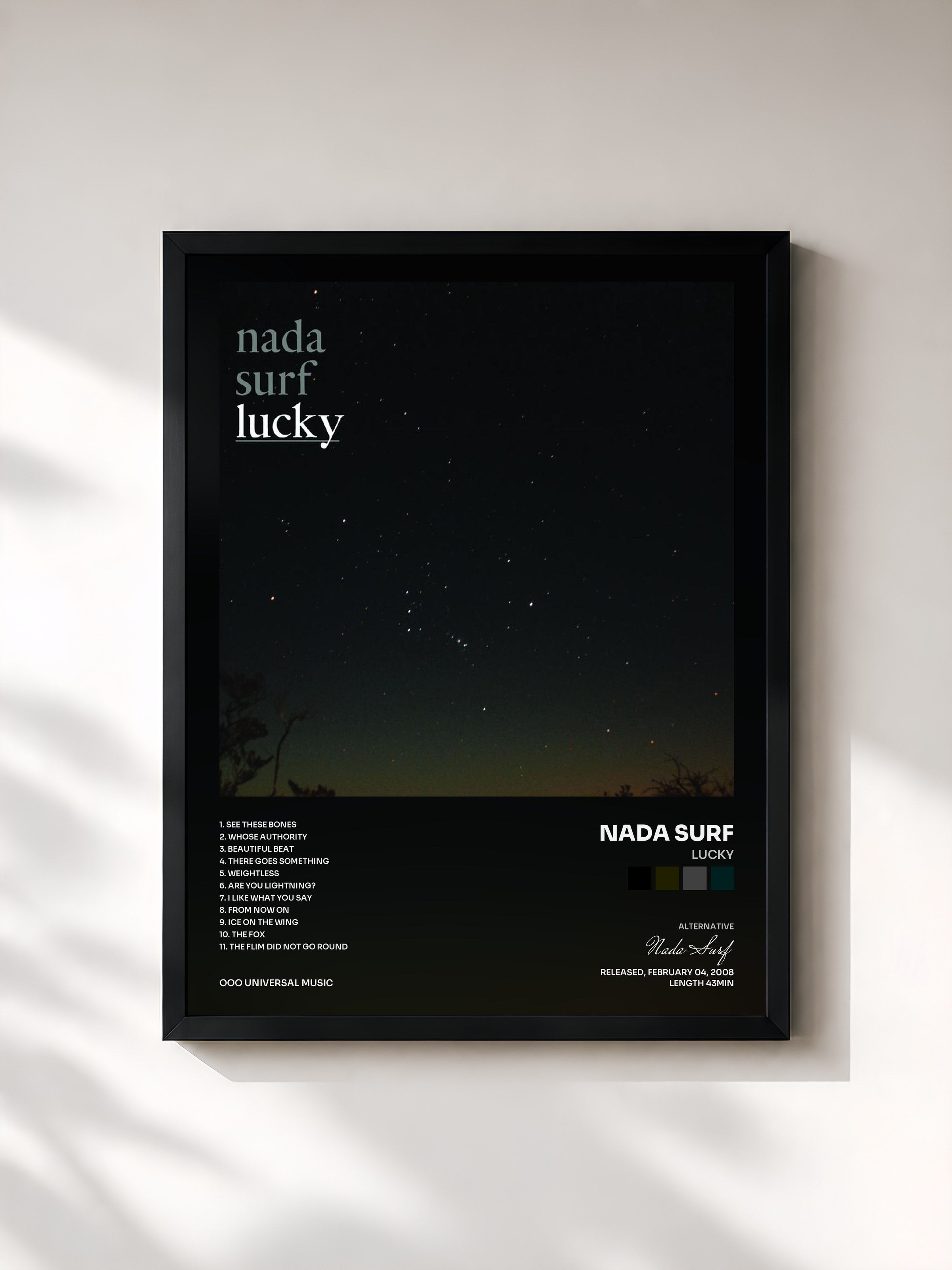 #noir Tableau de l'album Lucky de Nada Surf, cadre noir, imprimé et encadré en France