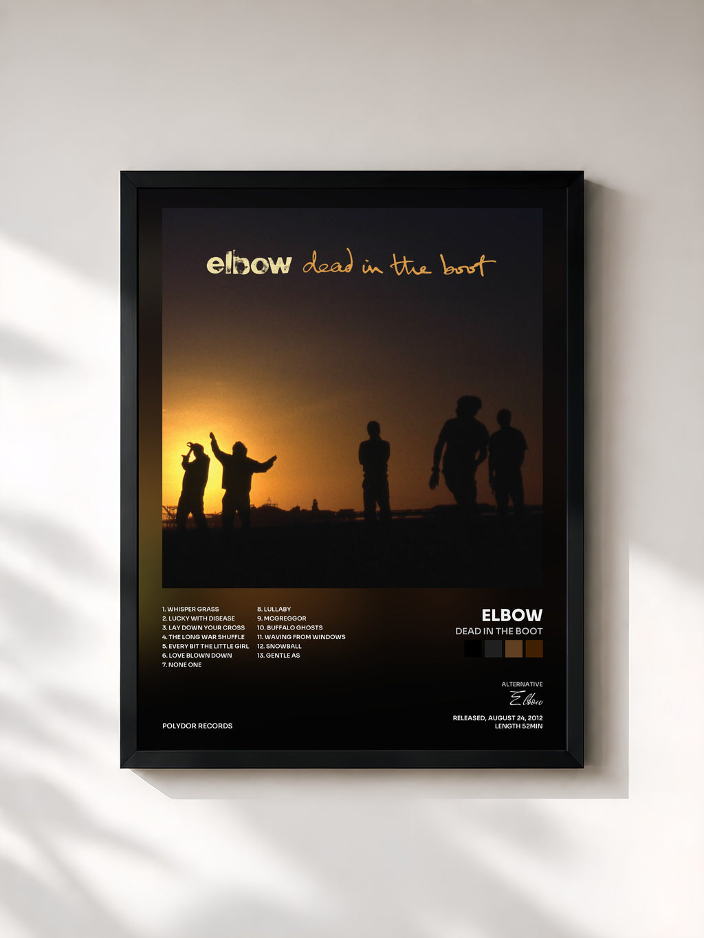 #noir Tableau de l'album dead in the boot de Elbow, cadre noir, imprimé et encadré en France