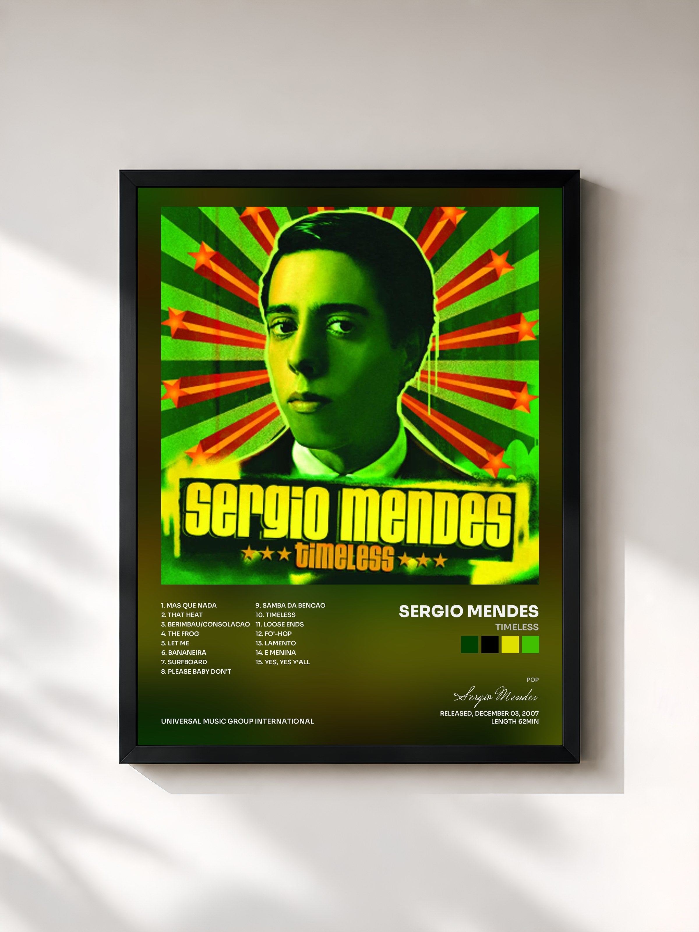 #noir Tableau de l'album Timeless de Sergio Mendes, cadre noir, imprimé et encadré en France