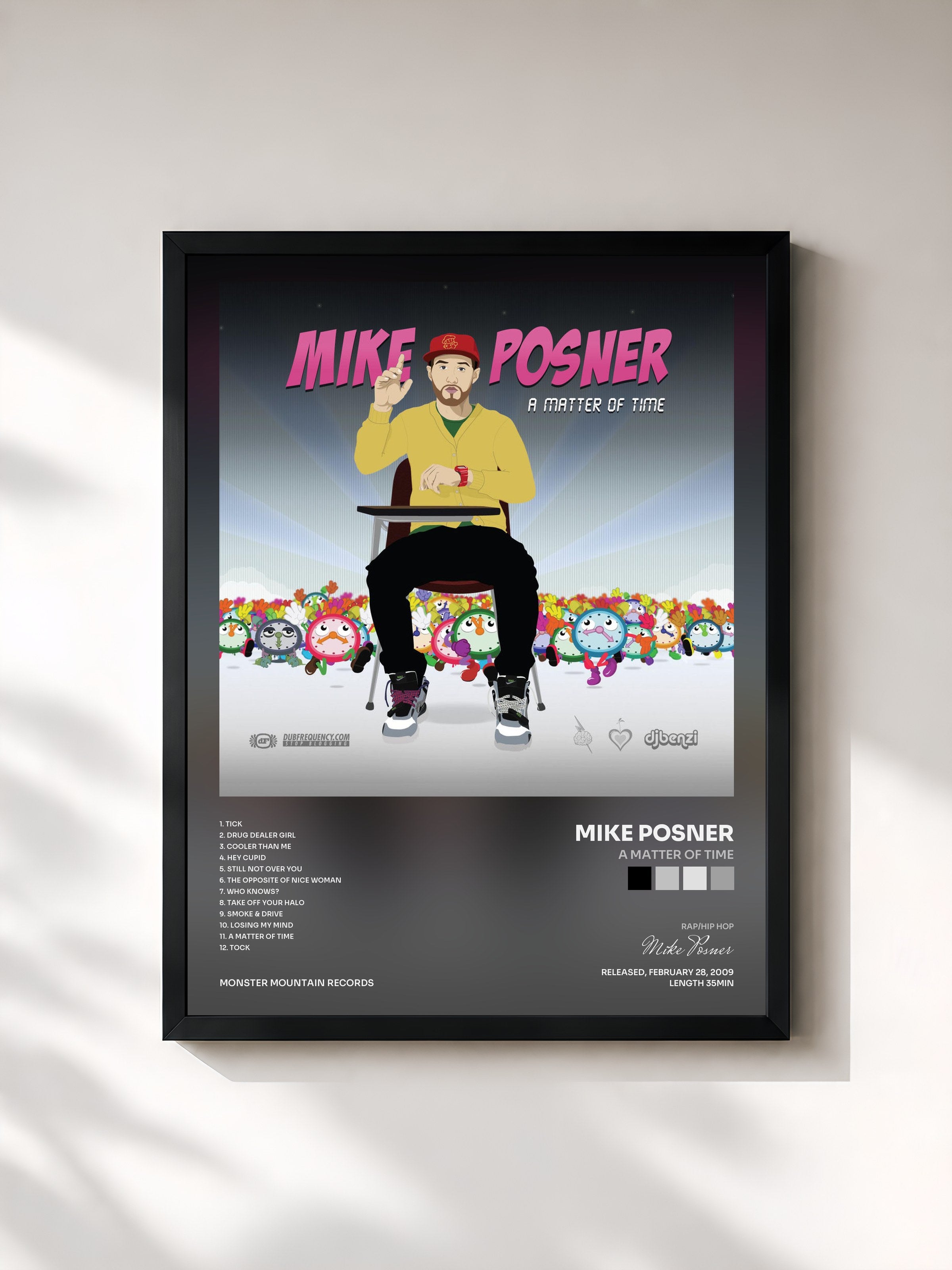 #noir Tableau de l'album A Matter Of Time de Mike Posner, cadre noir, imprimé et encadré en France