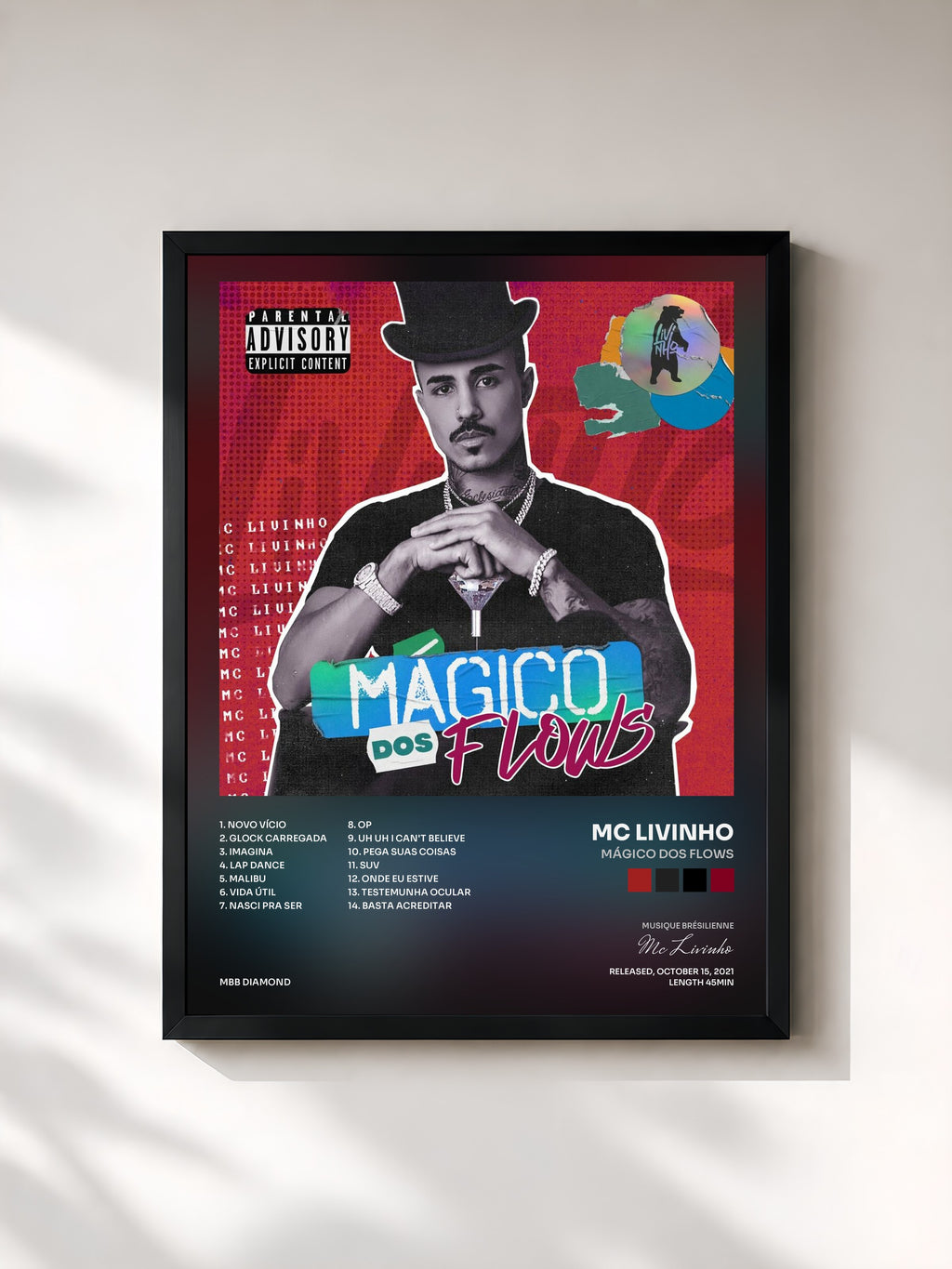 #noir Tableau de l'album Mágico dos Flows de Mc Livinho, cadre noir, imprimé et encadré en France
