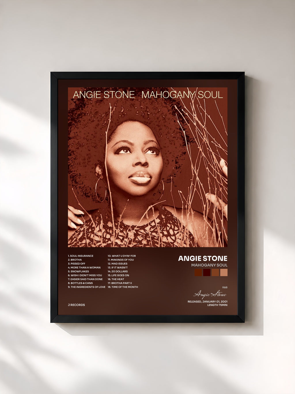 #noir Tableau de l'album Mahogany Soul de Angie Stone, cadre noir, imprimé et encadré en France