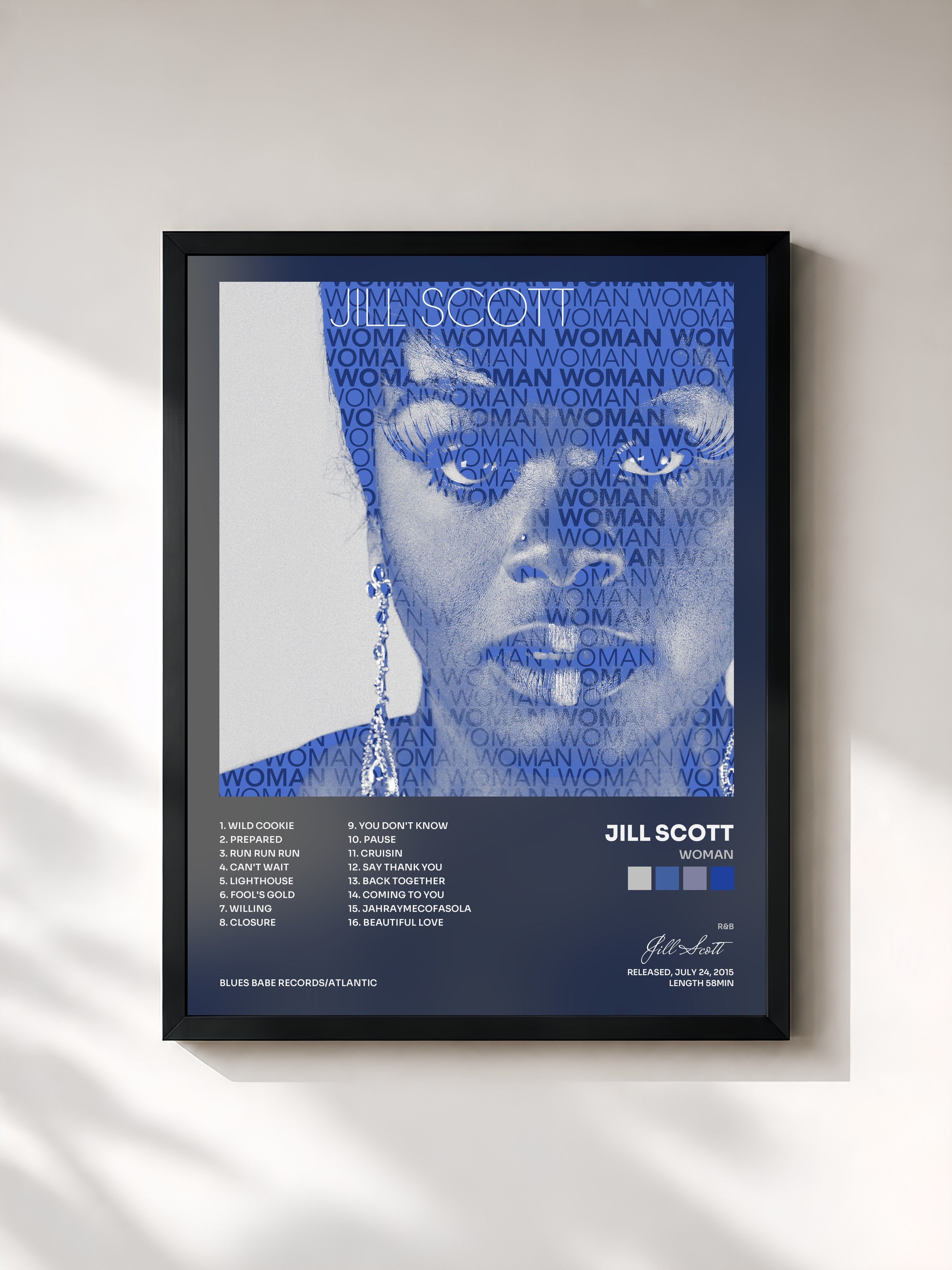 #noir Tableau de l'album Woman de Jill Scott, cadre noir, imprimé et encadré en France