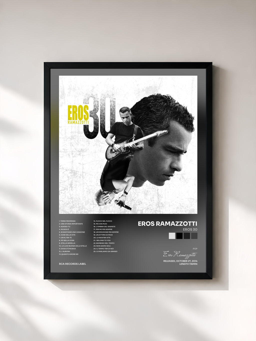 #noir Tableau de l'album Eros 30 de Eros Ramazzotti, cadre noir, imprimé et encadré en France
